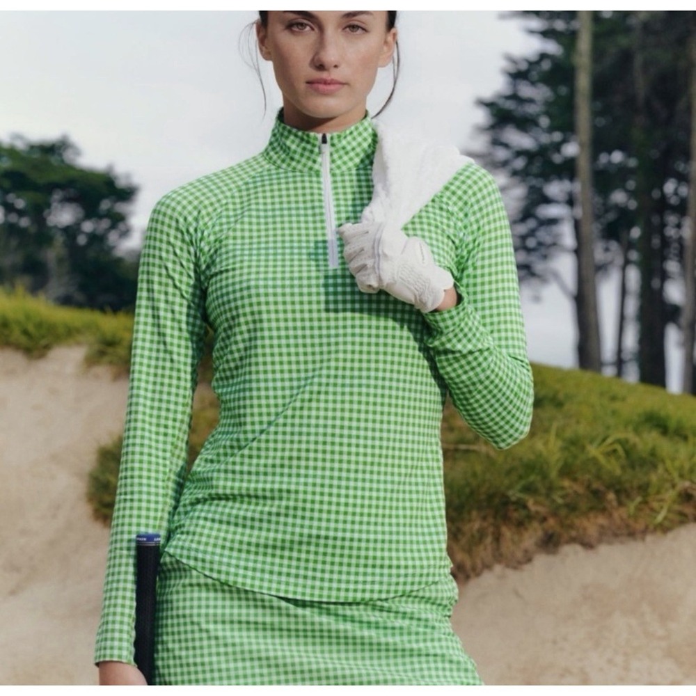New Women's Walter Hagen P11 UV Protection Quarter Zip Green Gingham Golf Large - Picture 6 of 9